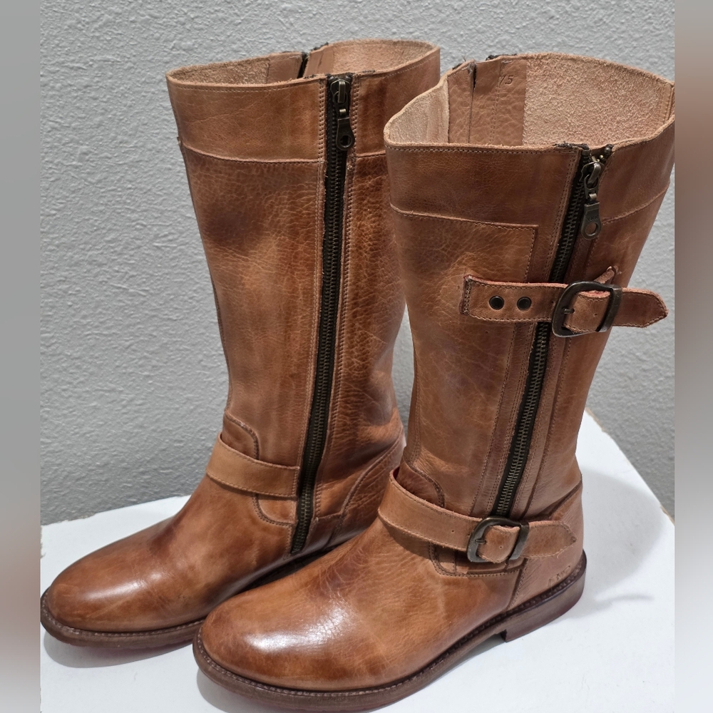 BED|STU Tan Rustic Tall Leather Gogo Lug Boots 7.5 Moto Harness With Buckle